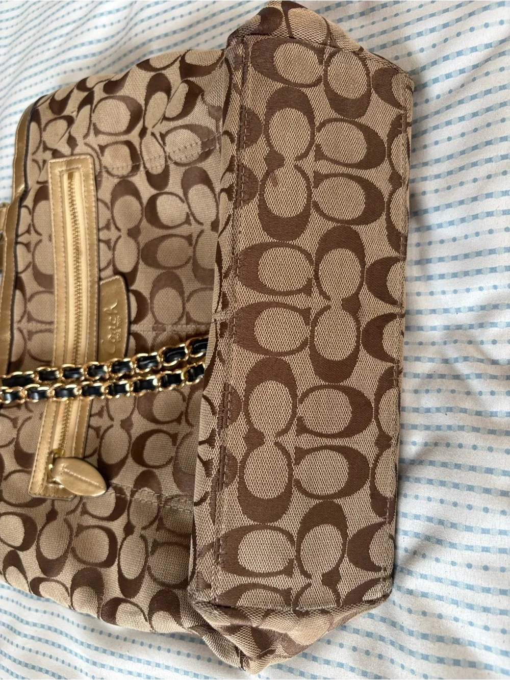 Coach Signature Canvas Tote Handbag in Brown with Gold Trim, excellent condition